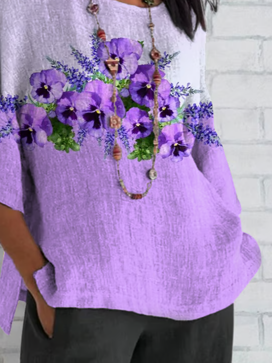 Women's Half Sleeve T-shirt Summer Purple Floral Crew Neck Daily Going Out Casual Top