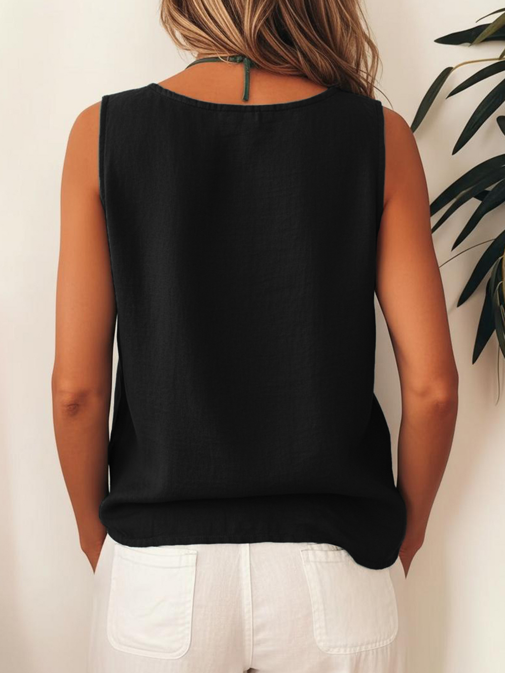 Plain Viscose Round Neck Sleeveless Button Summer Casual Boho Top