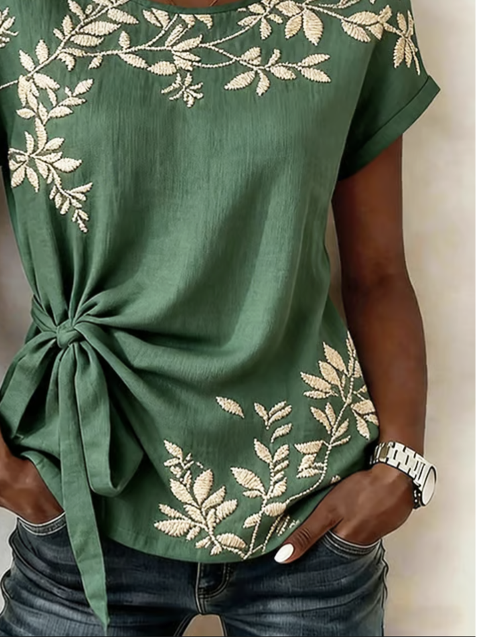 Elegant Botanical Pattern Crew Neck Loose Shirt