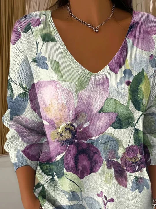 Women's Long Sleeve T-shirt Spring/Fall As Picture Floral Printing V Neck Daily Going Out Casual Top