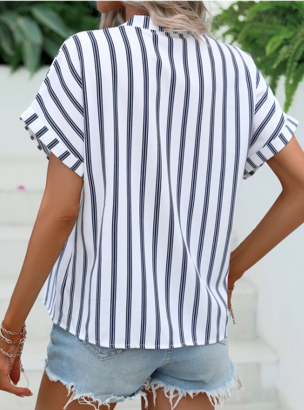 Striped V Neck Short Sleeve Button Casual Going Out Shirt