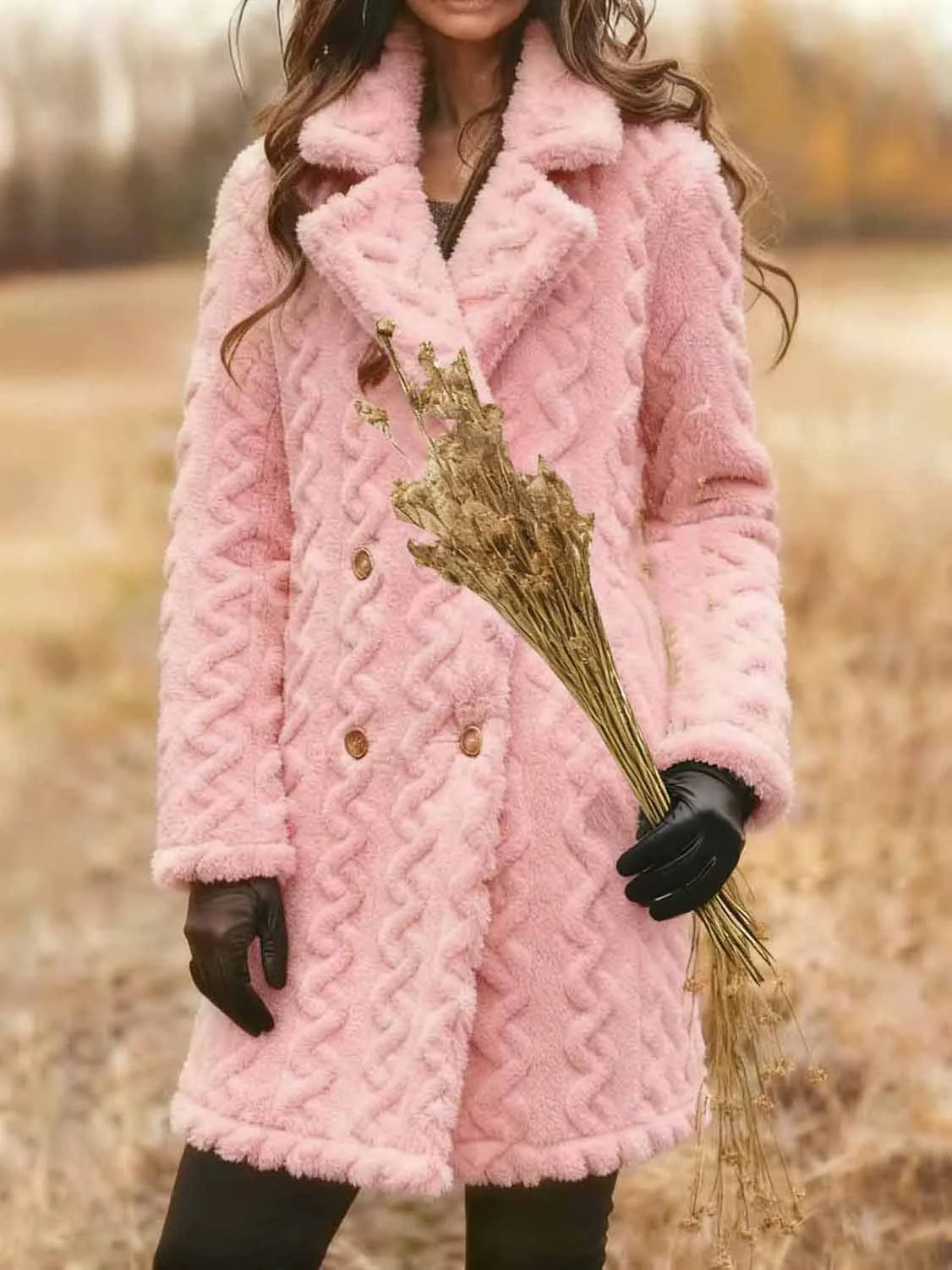 Loose Street Jacquard Coral Velvet Double-breasted Extra-thick Plush Coat