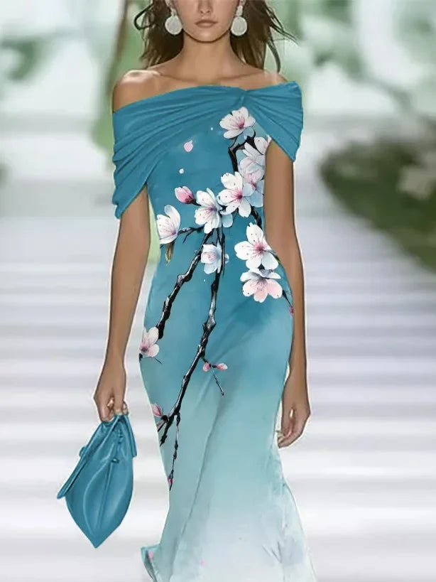 Women's Cap Sleeve Summer Cyan Floral Printing Cold Shoulder Daily Going Out Vintage Maxi H-Line Dress