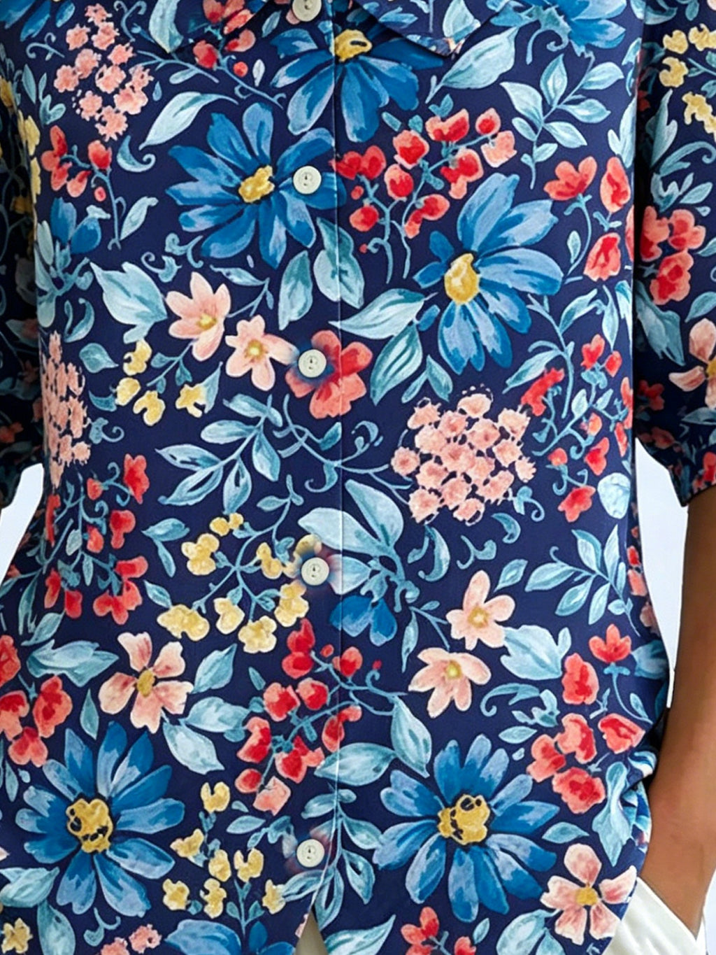 3D Printing Linen Blend Colorful Floral Shawl Collar Button Loose Casual Shirt