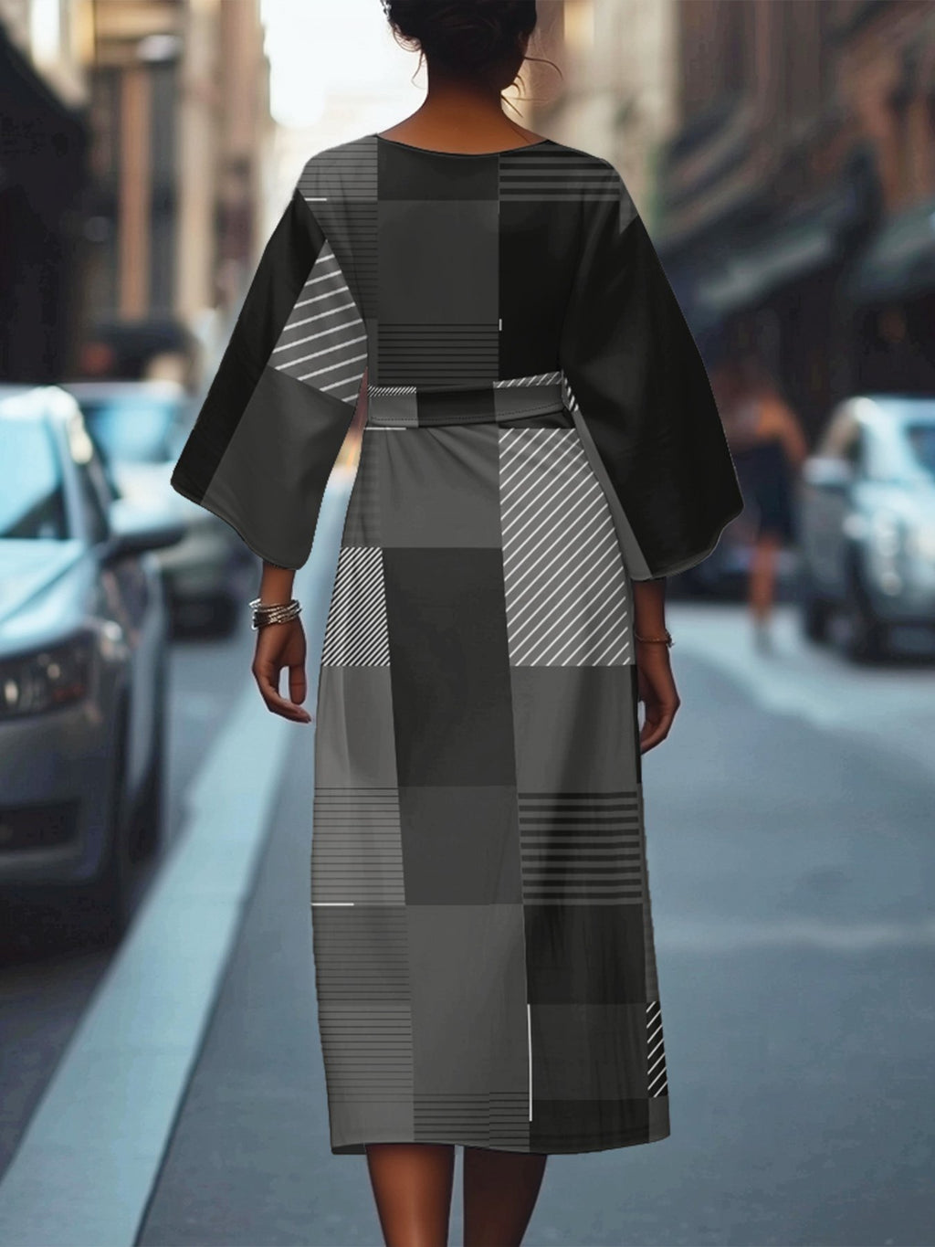 Dolman Sleeve Multicolor Block Regular Fit Vintage Crew Neck Dress With Belt