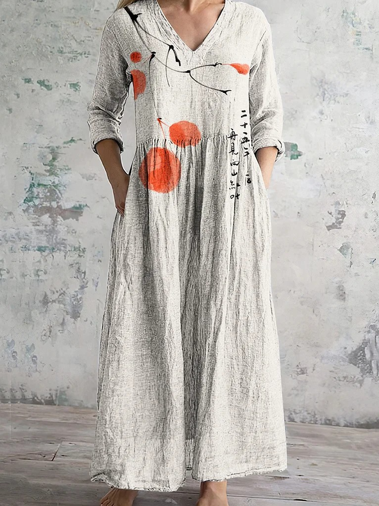 Vintage Floral Art Printed Casual Midi Dress