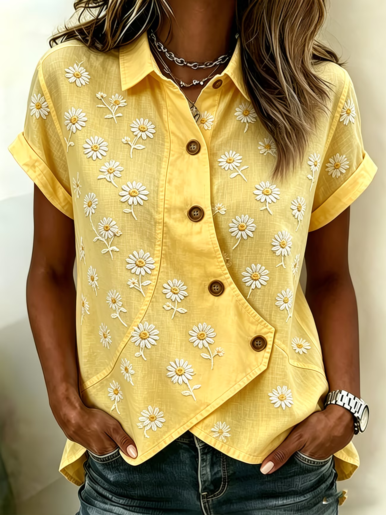 Women's Short Sleeve Shirt Summer Yellow Floral Printing Shawl Collar Daily Going Out Vintage Top