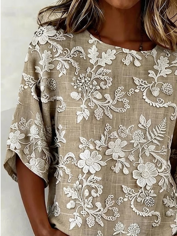Women's Half Sleeve Blouse Summer Khaki Floral Printing Crew Neck Daily Going Out Vintage Top