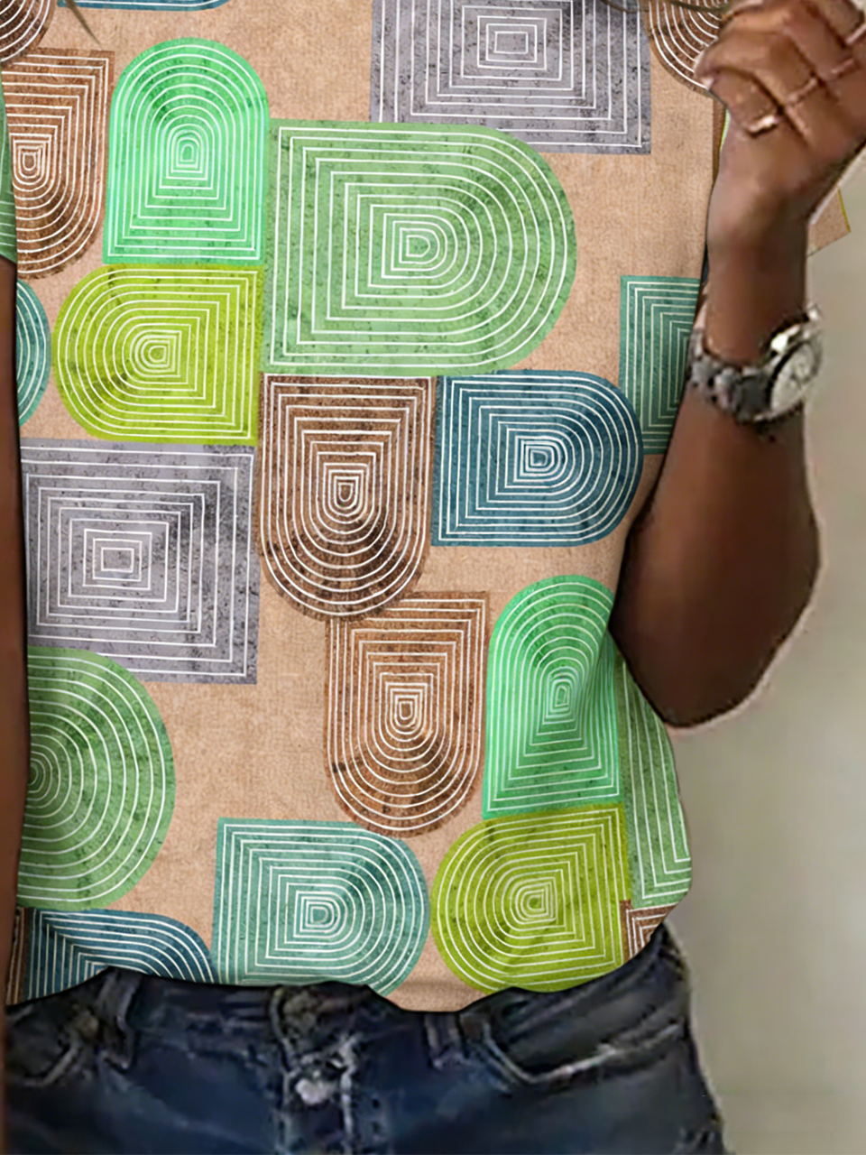 Cotton Geometric Crew Neck Casual T-Shirt