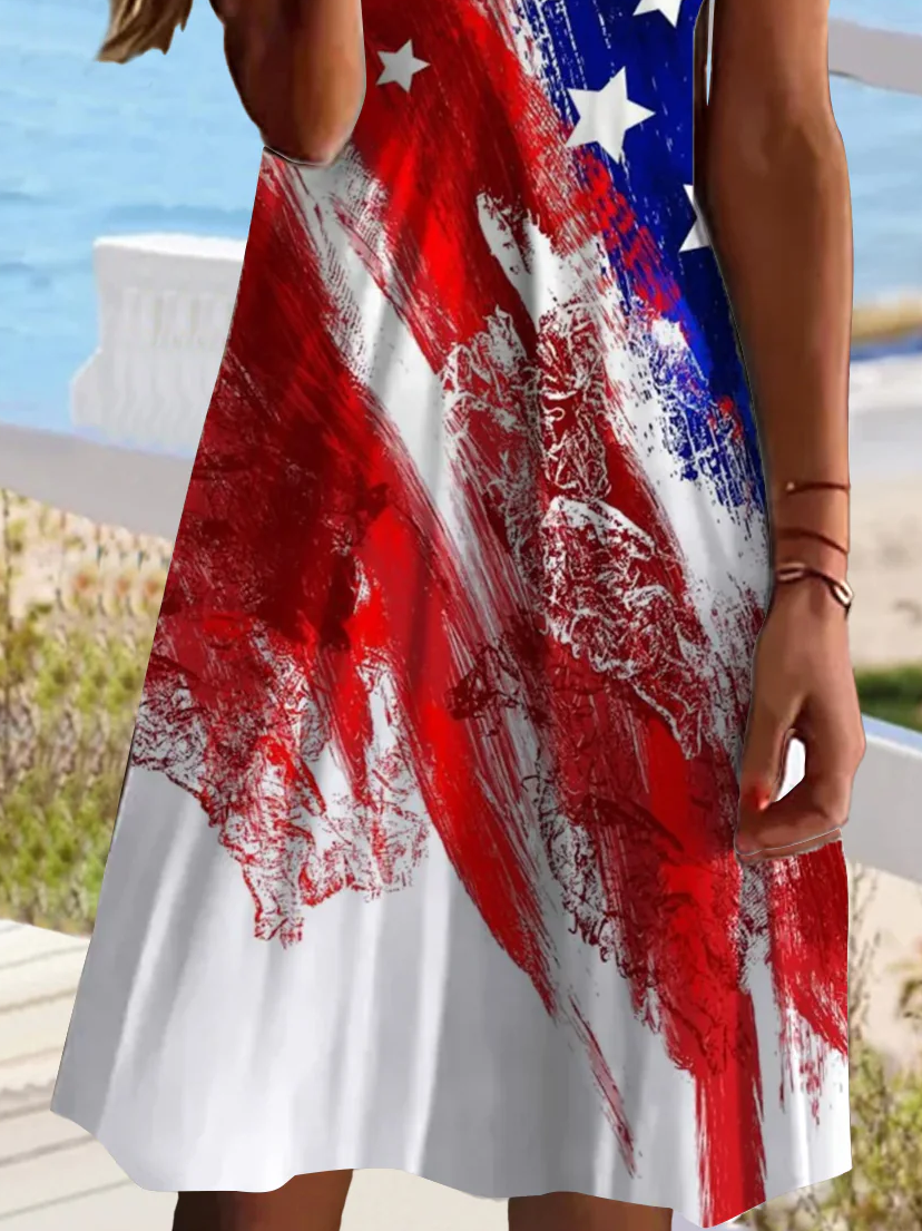 Women's Independence Day Flag Print Casual V-Neck Short Sleeve Dress