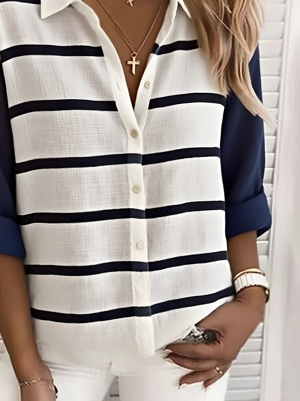 Women's Classic Striped Pattern Design Everyday Long-Sleeved Shirt Spring And Autumn