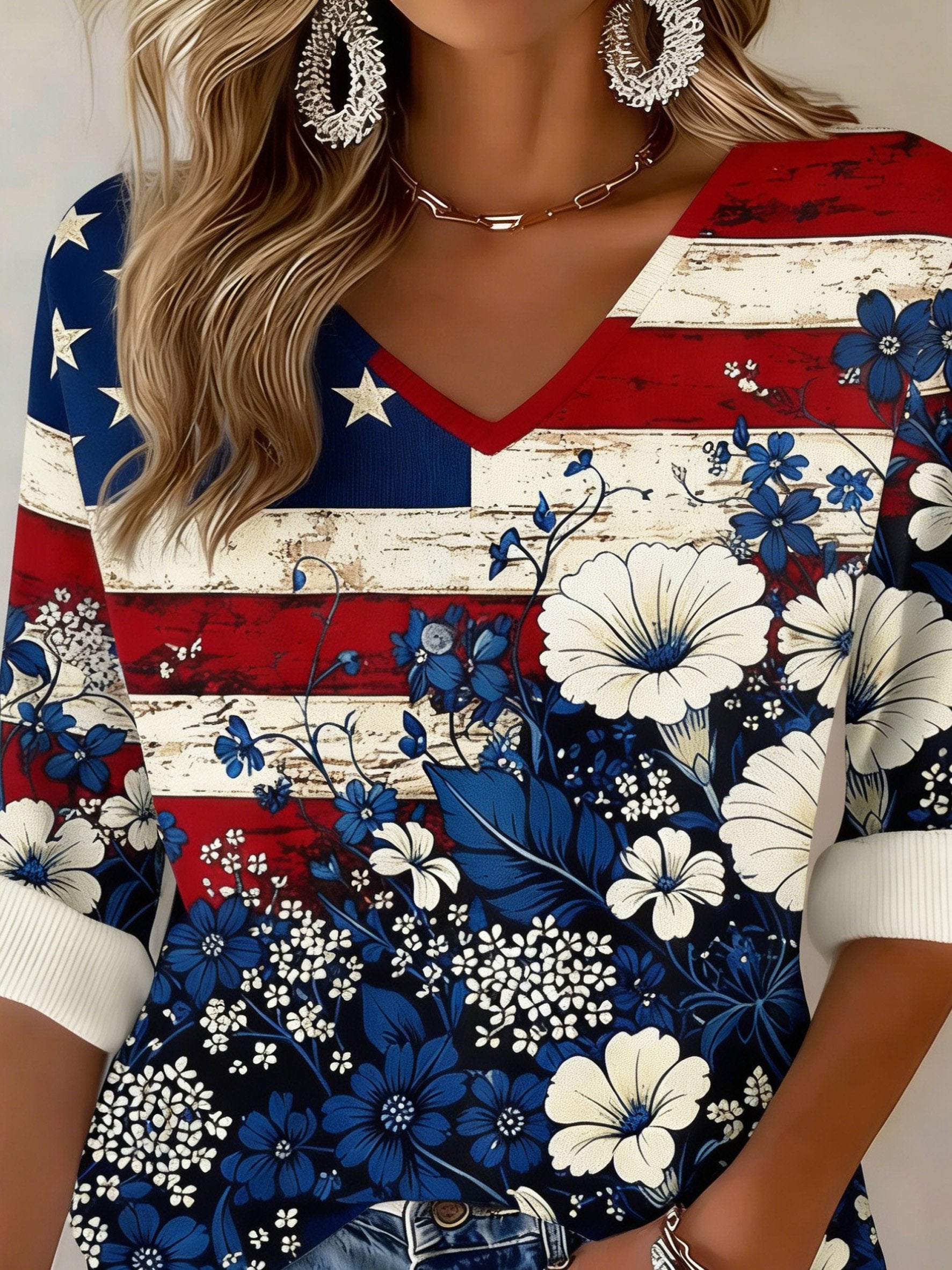 3D Printing V Neck America Flag Floral 250th Anniversary Spring Summer Casual T-Shirt