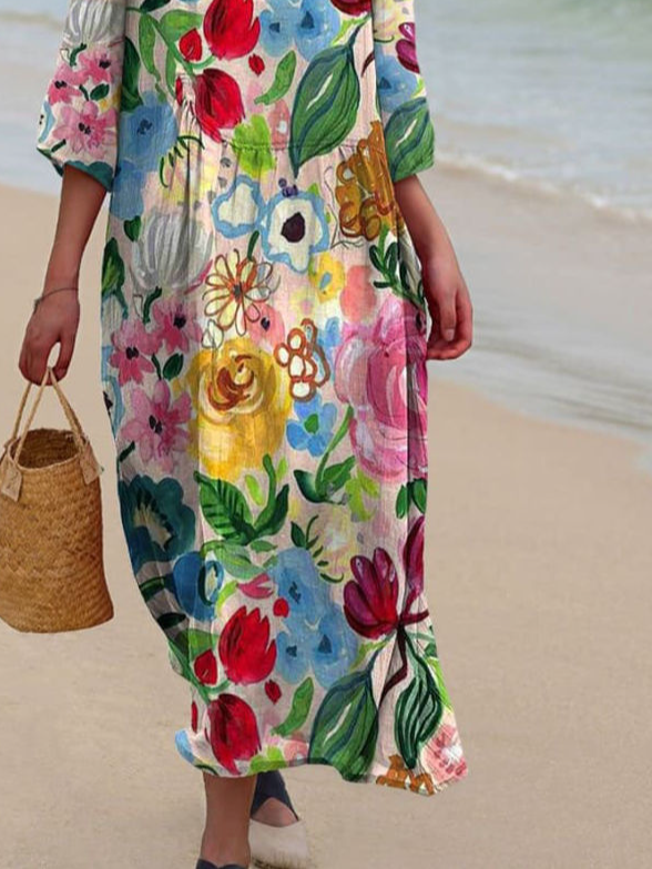 Printed Casual Mid Sleeve Round Neck Dress