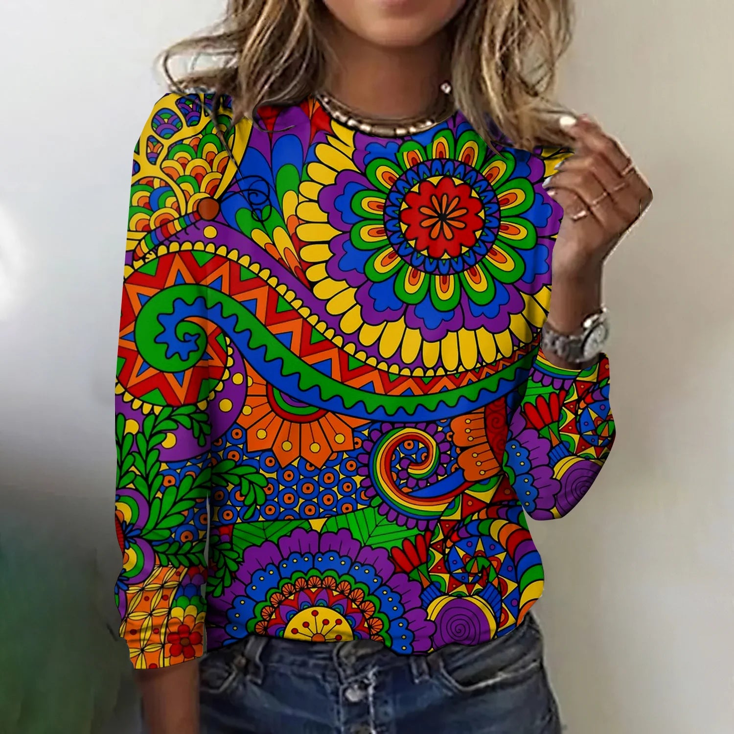 Retro geometric floral long sleeved T-shirt