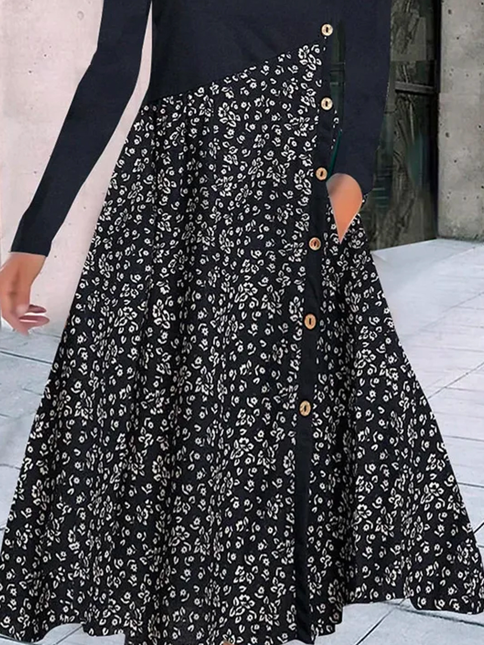 Buttoned Loose Floral Daily Casual Jersey Crew Neck A-Line Long Sleeve T-Shirt Dress