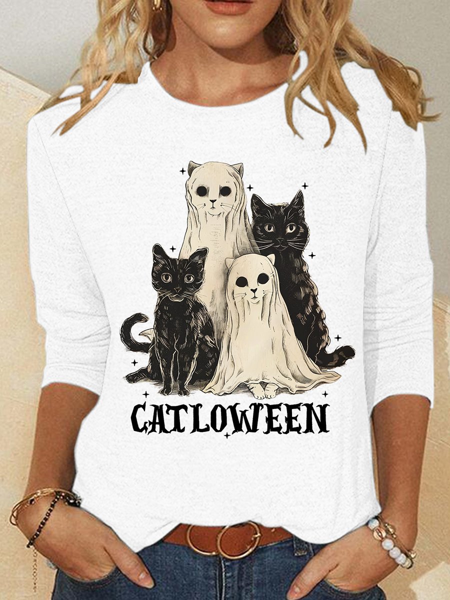Catloween Funny Halloween Casual Long Sleeve Shirt