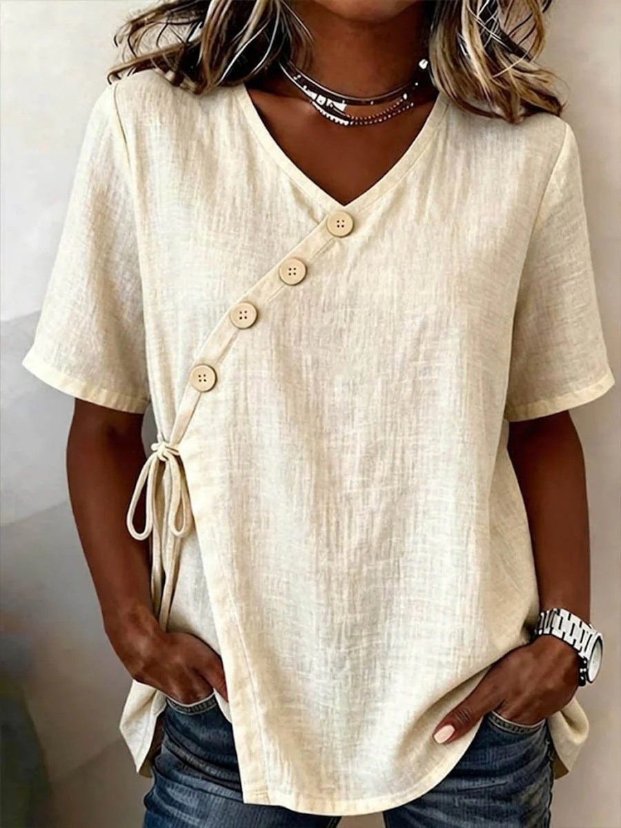 Loose Elegant Linen Blend V Neck Shirt