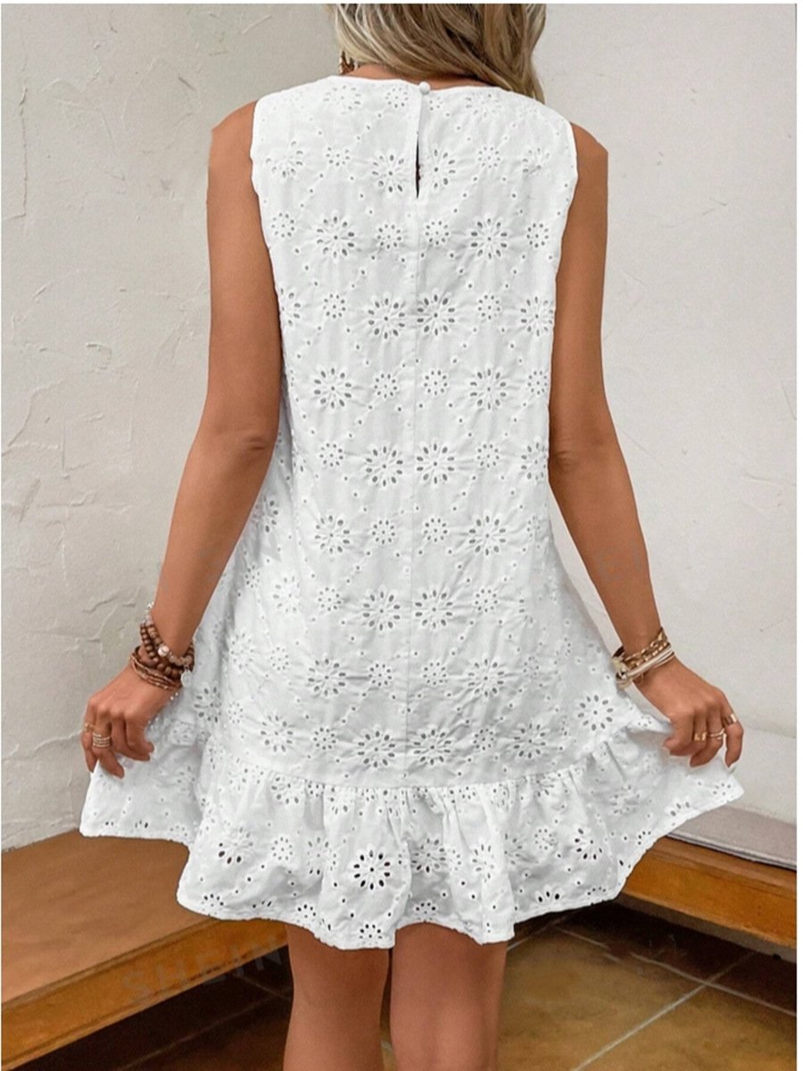 Women's Short Sleeve Summer White Plain Split Joint Crew Neck Daily Going Out Casual Midi A-Line Ruffle Skirt Dress