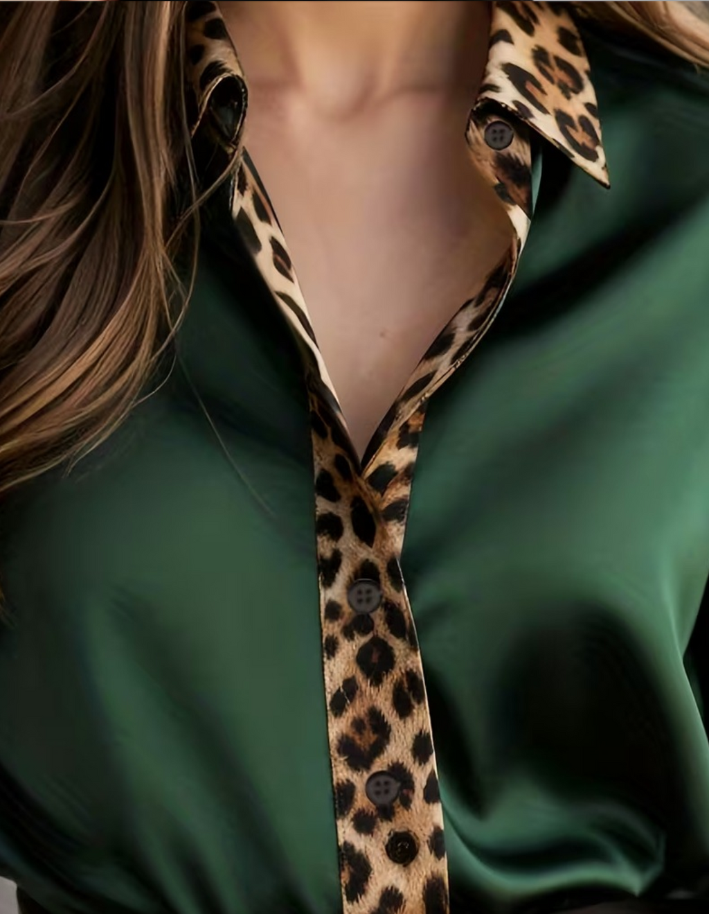 Women's Elegant Satin Color Block Leopard Printing Long Sleeve Shawl Collar Shirt