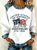 Women's USA Print Patchwork Denim Crewneck Long-Sleeved Sweatshirt