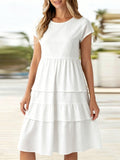 Regular Fit Cotton-Like Crease Casual Crew Neck Cap Sleeve Plain Ruffle Hem Dress With No