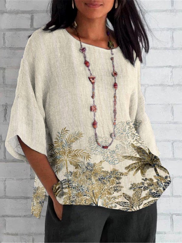 Regular Fit Casual Linen Floral T-Shirt