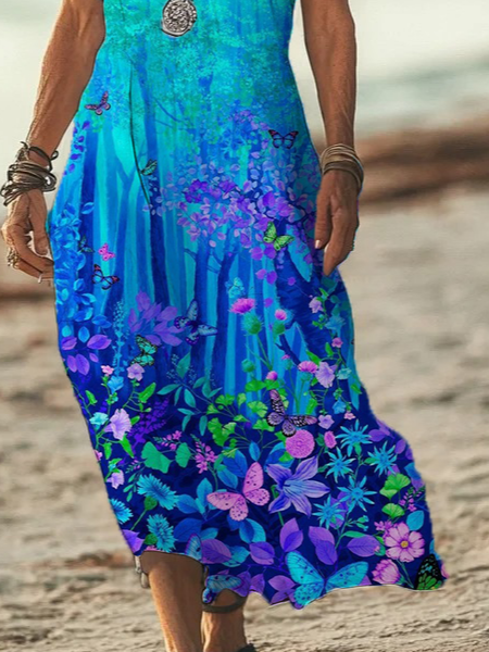 Women's Floral Butterfly Print Casual V-Neck Short Sleeve Dress