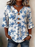 Women's Half Sleeve Blouse Summer White Floral Printing V Neck Daily Going Out Vintage Top