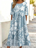 Women's Floral Print Maxi Dress Round Neck Half Sleeve Casual A-Line Dress with Pockets