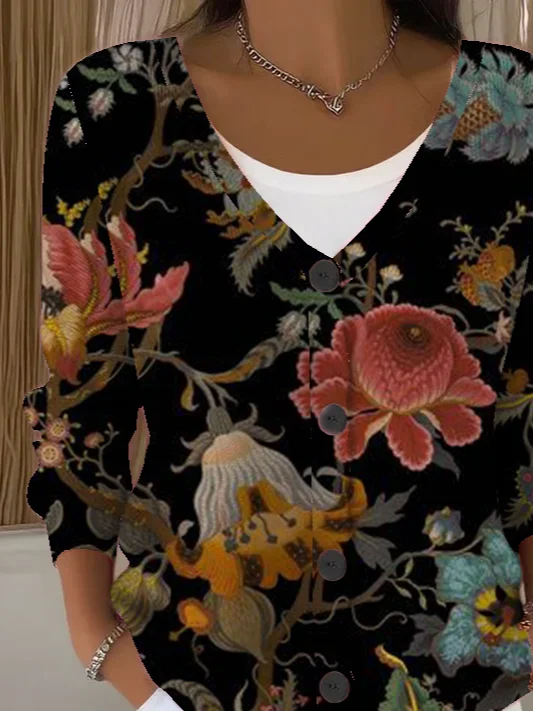 Women's Floral Print Casual Long Sleeve Button Cardigan