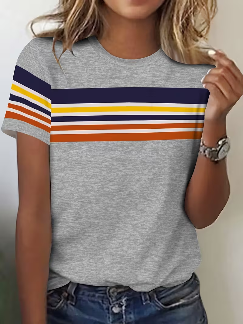 Women's Short Sleeve T-shirt Summer Gray Striped Printing Jersey Crew Neck Daily Going Out Casual Top