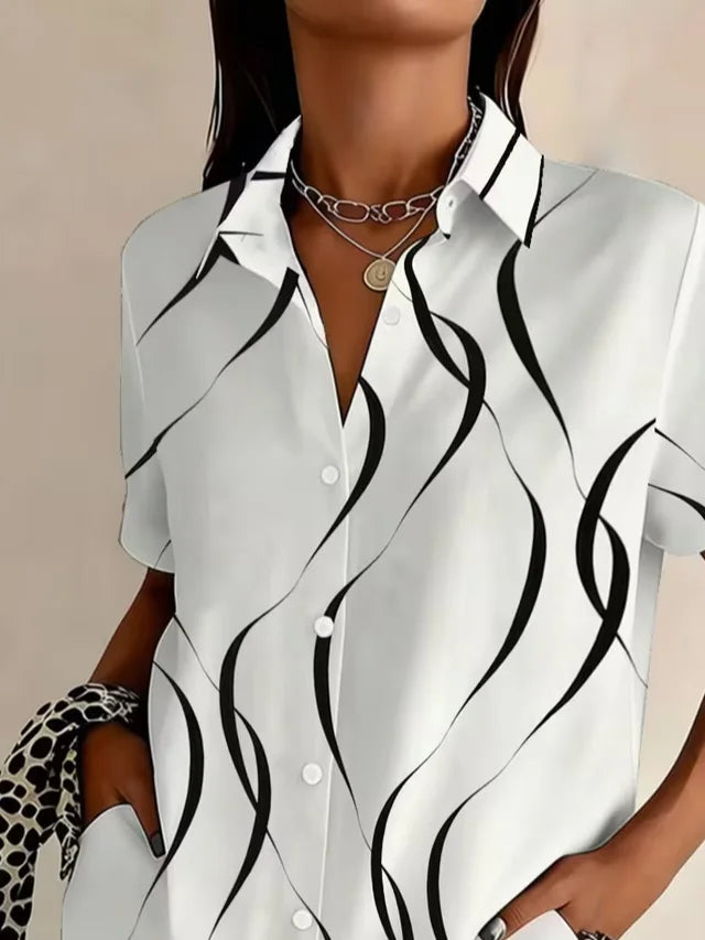 Women's Short Sleeve Shirt Summer White Abstract Printing Shirt Collar Daily Going Out Casual Top