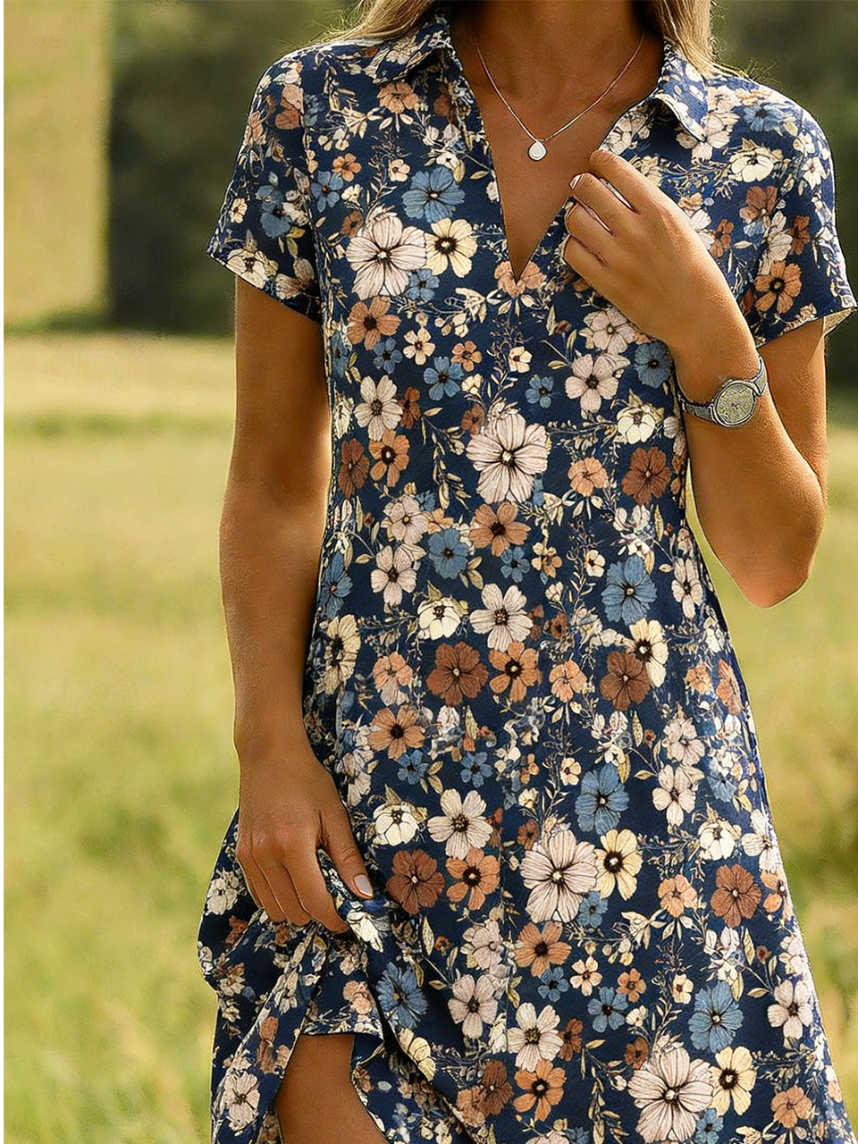 Floral Casual Loose Shirt Dress With No