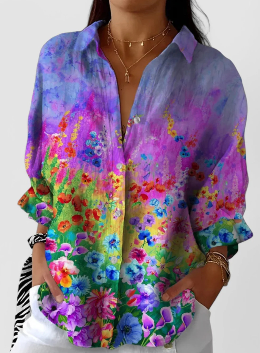 Vintage Floral Long Sleeve Shawl Collar Loose Going Out/Vacation Shirt