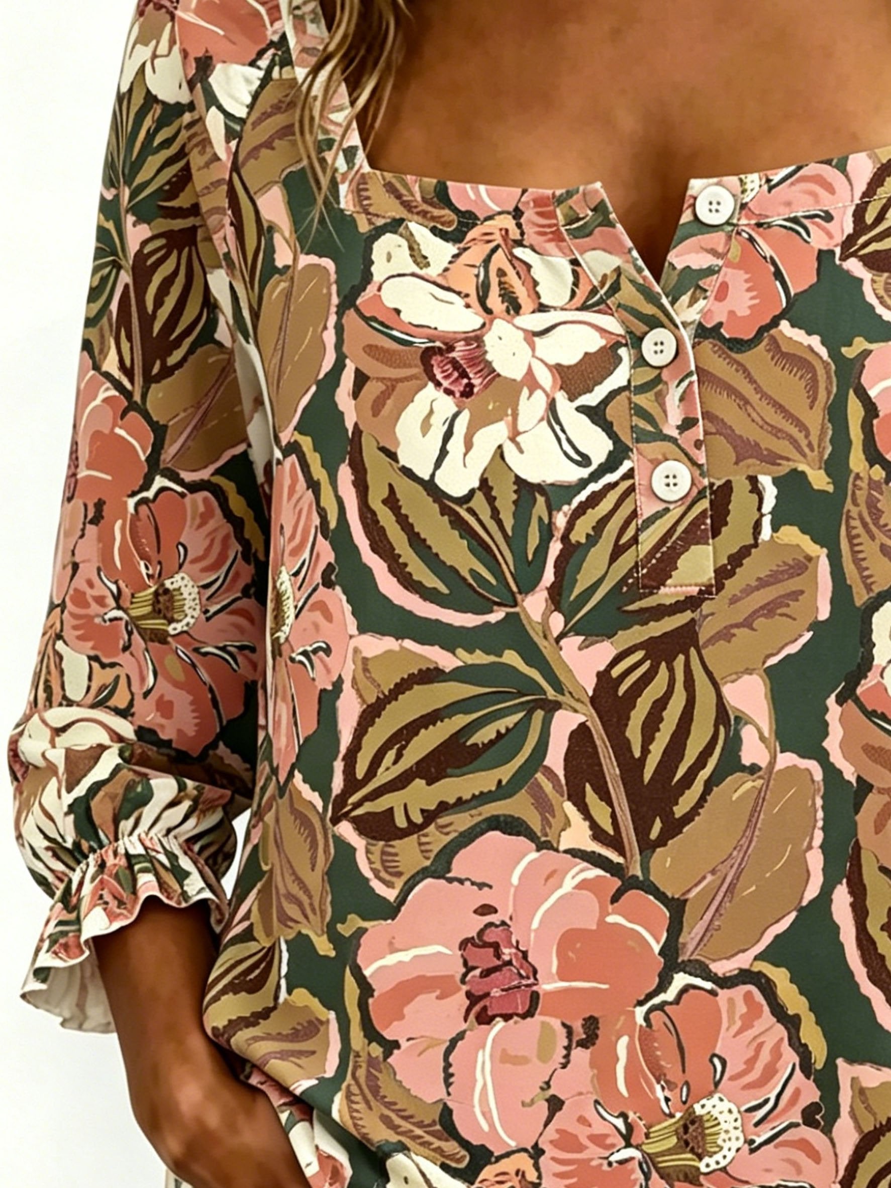 Women's Three Quarter Sleeve Blouse Spring/Fall As Picture Floral Printing Square Neck Daily Going Out Vintage Top