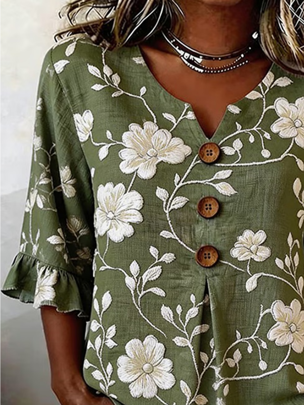 Women's Half Sleeve Blouse Summer Green Floral Printing V Neck Daily Going Out Vintage Top