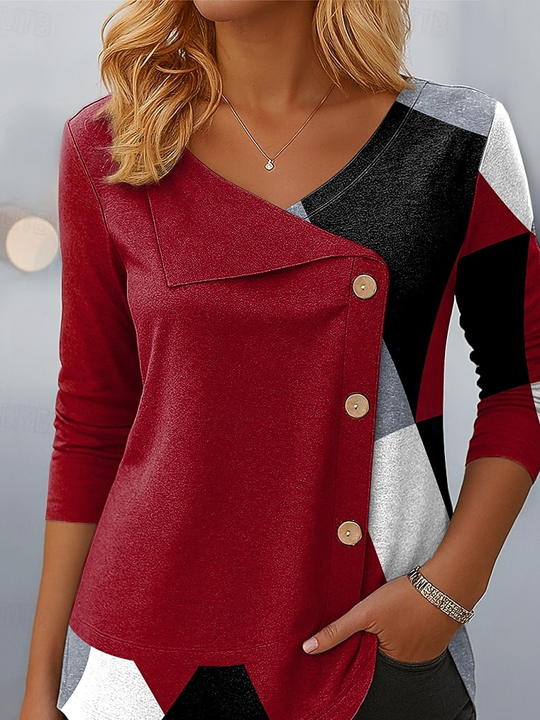Women's Long Sleeve T-shirt Spring/Fall Red Abstract Printing V Neck Daily Going Out Casual Top