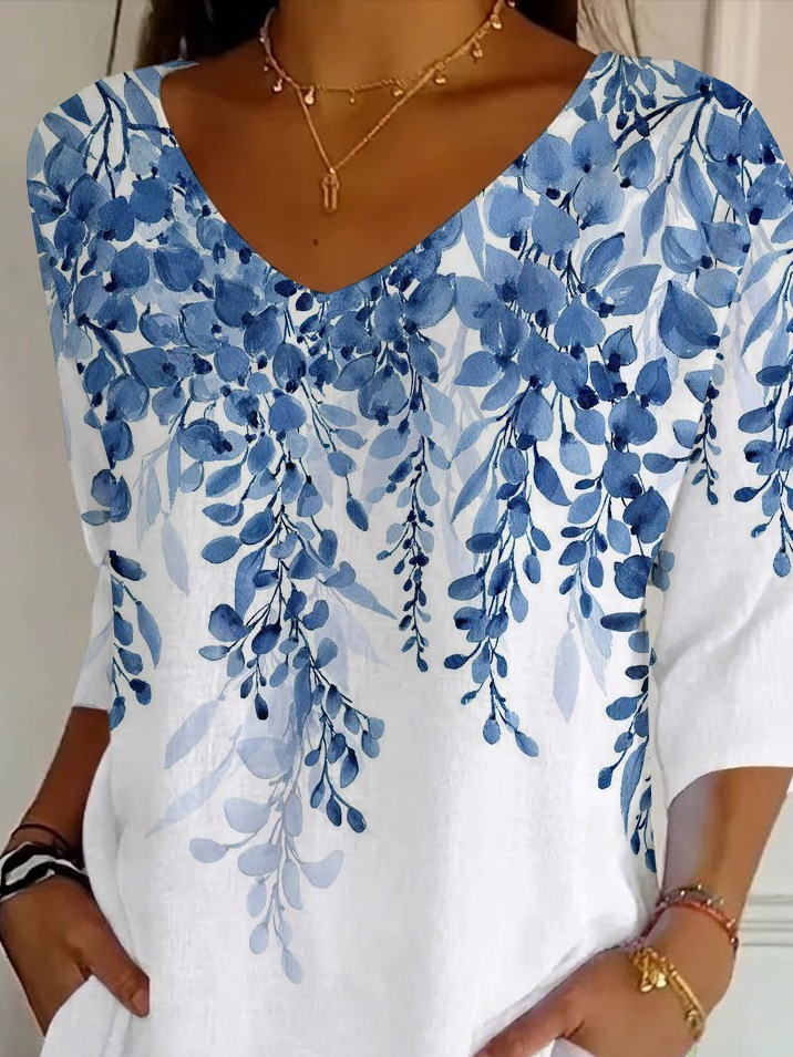 Women's Three Quarter Sleeve T-shirt Spring/Fall White Floral Printing V Neck Daily Going Out Casual Top
