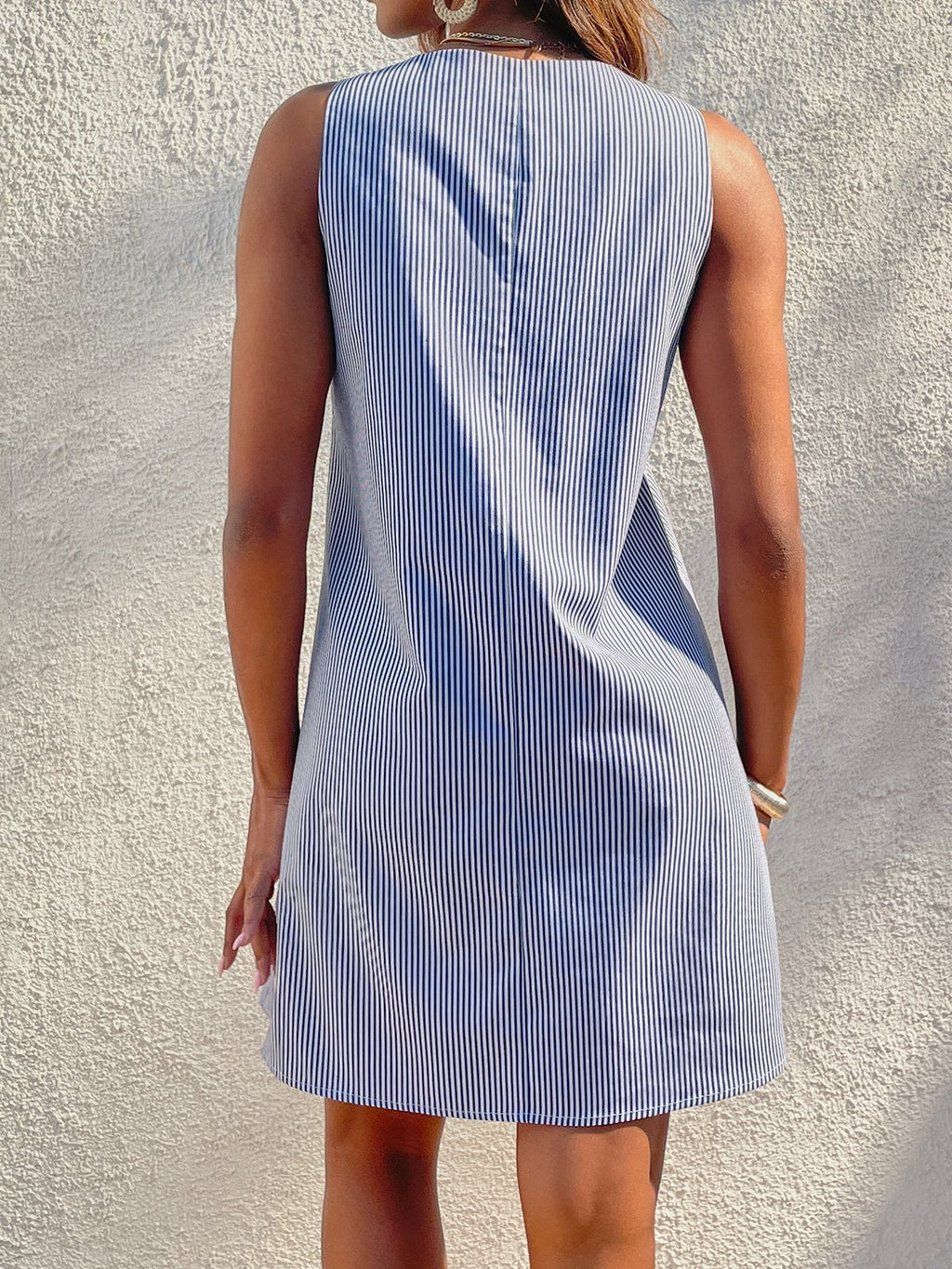 Women Daily Boho Round Neck Pockets Striped Dress