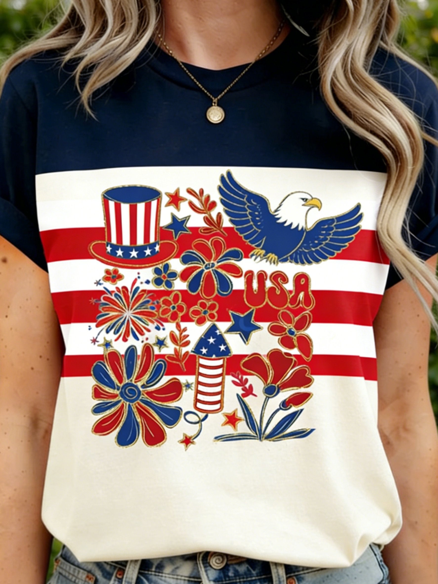 Color Block 3D Printing America Flag 250th Anniversary Eagle Old Glory Crew Neck Short Sleeve Casual T-Shirt
