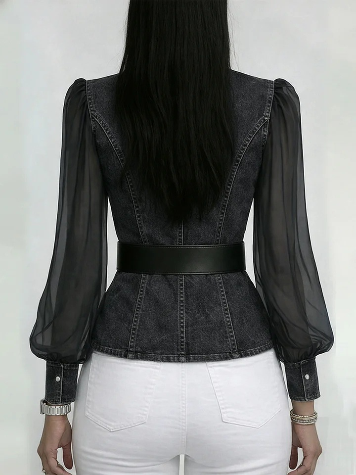 Women's Fashionably Elegant Slim-fitting Denim Look Jacket With Organza Sleeves Casual Blouse