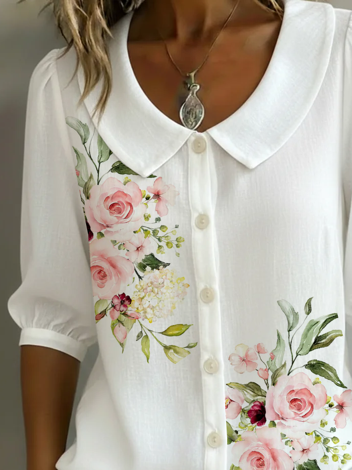Women's Half Sleeve Shirt Summer White Floral Printing Shawl Collar Daily Going Out Casual Top