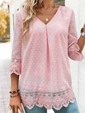 Loose Elegant Lace Block Chiffon V Neck Blouse