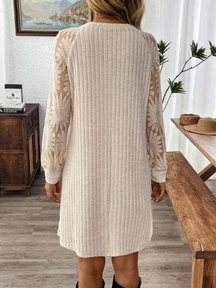 Women's Long Sleeve Spring/Fall Khaki Plain Split Joint Crew Neck Daily Going Out Vintage Midi A-Line Fit & Flare Dress Dress