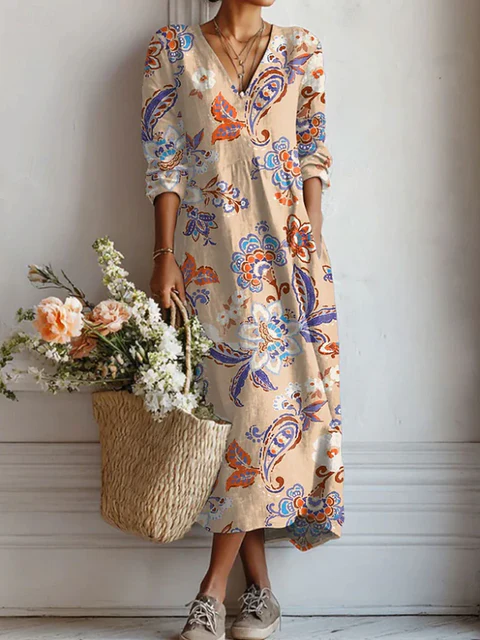 Crew Neck Casual Loose Geometric Dress With No