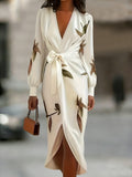Elegant Botanical Print V-Neck Satin Wrap Midi Dress