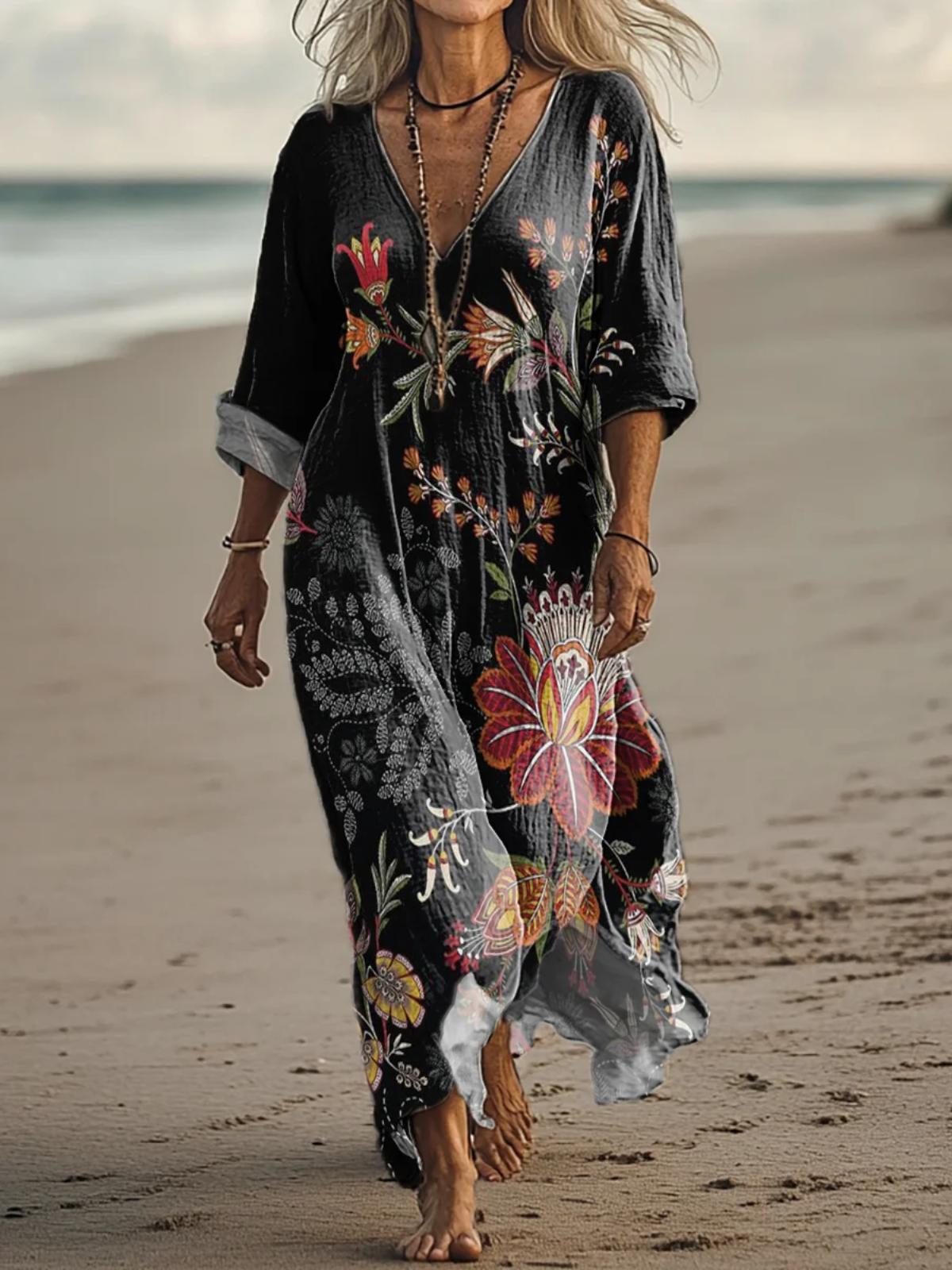 Casual V Neck Ethnic Dress With No Belt