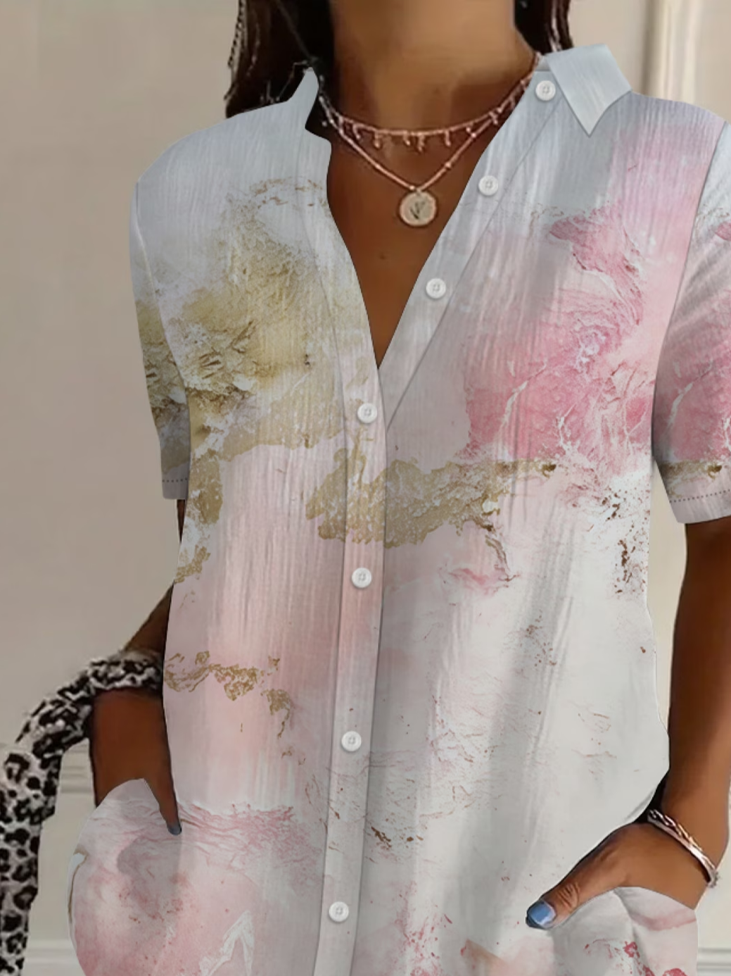 Women's Short Sleeve Shirt Summer As Picture Abstract Printing Shirt Collar Daily Going Out Casual Top