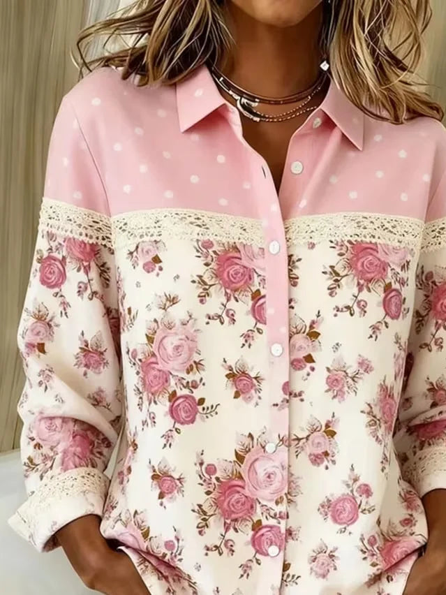 Women's Long Sleeve Shirt Spring/Fall Pink Floral Buckle Shirt Collar Regular Sleeve Daily Going Out Casual Top
