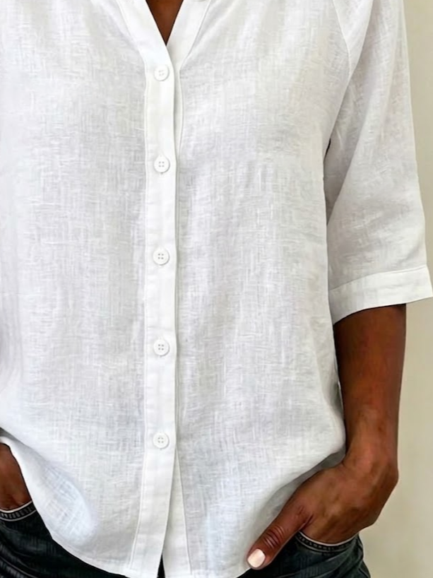 Women's Half Sleeve Shirt Summer White Plain Buckle Crew Neck Daily Going Out Casual Top